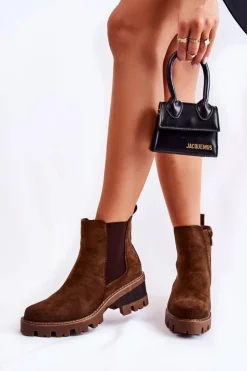 Damskie Boto Ocieplane Damskie Botki Na Suwak Brązowe Lenaris