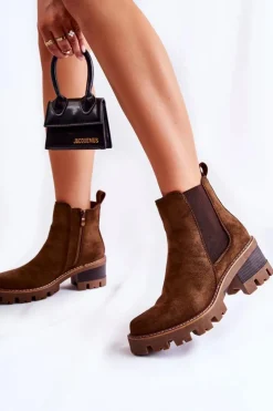 Damskie Boto Ocieplane Damskie Botki Na Suwak Brązowe Lenaris
