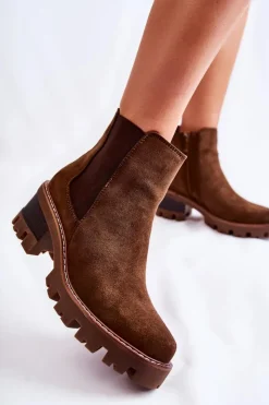 Damskie Boto Ocieplane Damskie Botki Na Suwak Brązowe Lenaris