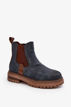 Evento Ocieplane Damskie Botki Sztyblety Na Płaskim Obcasie Niebieskie Myrine