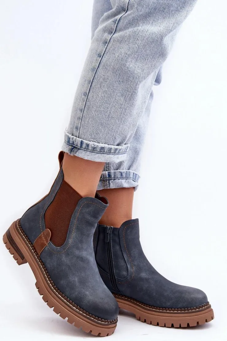 Evento Ocieplane Damskie Botki Sztyblety Na Płaskim Obcasie Niebieskie Myrine