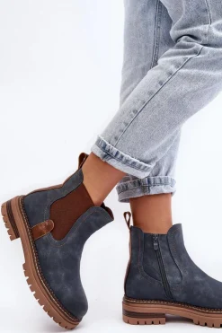 Evento Ocieplane Damskie Botki Sztyblety Na Płaskim Obcasie Niebieskie Myrine