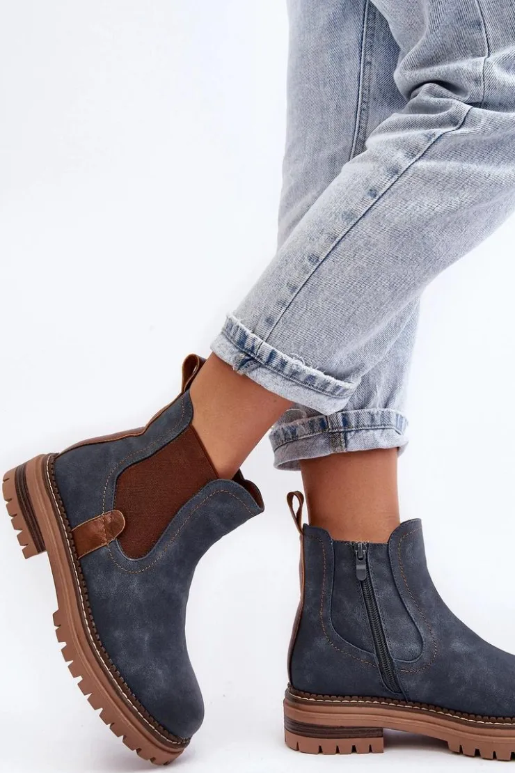 Evento Ocieplane Damskie Botki Sztyblety Na Płaskim Obcasie Niebieskie Myrine