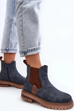 Evento Ocieplane Damskie Botki Sztyblety Na Płaskim Obcasie Niebieskie Myrine