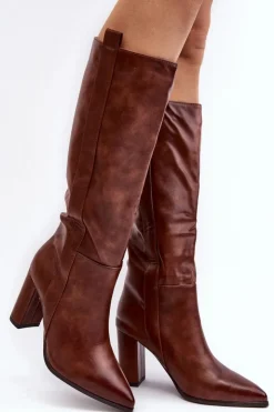 Damskie Boto Ocieplane Damskie Kozaki Przed Kolano Na Słupku Brązowe Genzani
