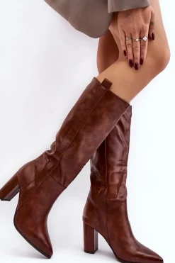 Damskie Boto Ocieplane Damskie Kozaki Przed Kolano Na Słupku Brązowe Genzani
