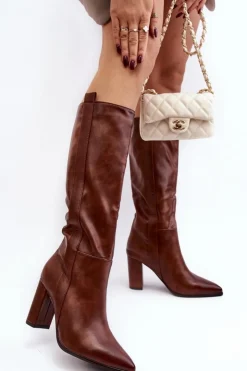 Damskie Boto Ocieplane Damskie Kozaki Przed Kolano Na Słupku Brązowe Genzani