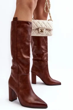 Damskie Boto Ocieplane Damskie Kozaki Przed Kolano Na Słupku Brązowe Genzani