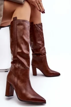 Damskie Boto Ocieplane Damskie Kozaki Przed Kolano Na Słupku Brązowe Genzani