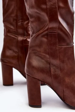 Damskie Boto Ocieplane Damskie Kozaki Przed Kolano Na Słupku Brązowe Genzani