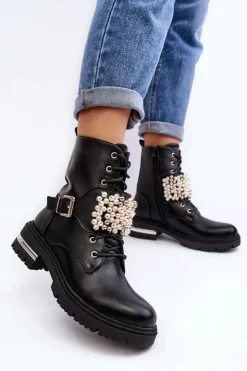 Boto Botki Wiosenne|Botki Ocieplane*Ocieplane Damskie Workery Botki Zdobione Czarne Venizi