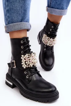 Boto Botki Wiosenne|Botki Ocieplane*Ocieplane Damskie Workery Botki Zdobione Czarne Venizi