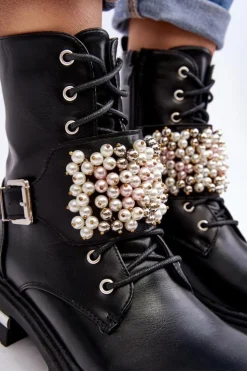 Boto Botki Wiosenne|Botki Ocieplane*Ocieplane Damskie Workery Botki Zdobione Czarne Venizi