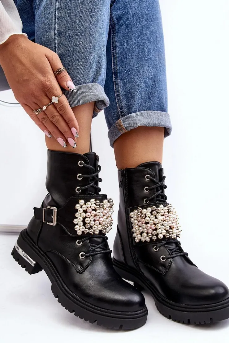 Boto Botki Wiosenne|Botki Ocieplane*Ocieplane Damskie Workery Botki Zdobione Czarne Venizi