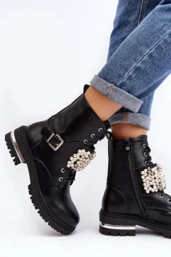 Boto Botki Wiosenne|Botki Ocieplane*Ocieplane Damskie Workery Botki Zdobione Czarne Venizi