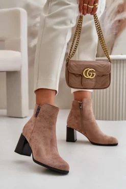 Boto Botki Ocieplane|Botki Na Słupku*Ocieplane Eko Zamszowe Botki Damskie Na Słupku Zapinane Na Zamek Brązowe Erillia