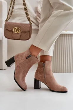 Boto Botki Ocieplane|Botki Na Słupku*Ocieplane Eko Zamszowe Botki Damskie Na Słupku Zapinane Na Zamek Brązowe Erillia