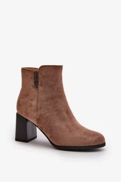 Boto Botki Ocieplane|Botki Na Słupku*Ocieplane Eko Zamszowe Botki Damskie Na Słupku Zapinane Na Zamek Brązowe Erillia