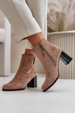 Boto Botki Ocieplane|Botki Na Słupku*Ocieplane Eko Zamszowe Botki Damskie Na Słupku Zapinane Na Zamek Brązowe Erillia