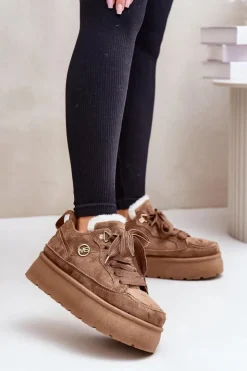 Damskie Boto Ocieplane Futerkiem Sneakersy Damskie Na Platformie Brązowe Velarisea