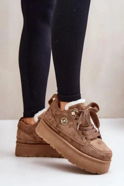 Damskie Boto Ocieplane Futerkiem Sneakersy Damskie Na Platformie Brązowe Velarisea
