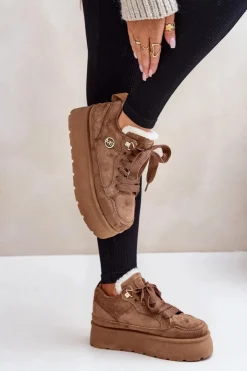 Damskie Boto Ocieplane Futerkiem Sneakersy Damskie Na Platformie Brązowe Velarisea