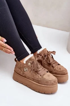 Damskie Boto Ocieplane Futerkiem Sneakersy Damskie Na Platformie Brązowe Velarisea