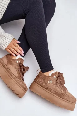 Damskie Boto Ocieplane Futerkiem Sneakersy Damskie Na Platformie Brązowe Velarisea
