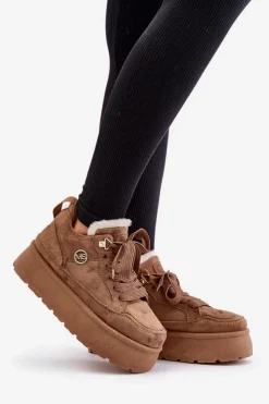 Damskie Boto Ocieplane Futerkiem Sneakersy Damskie Na Platformie Brązowe Velarisea