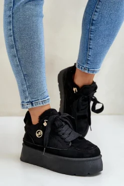 Outlet Boto Ocieplane Futerkiem Sneakersy Damskie Na Platformie Czarne Velarisea