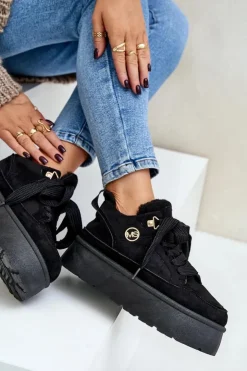 Outlet Boto Ocieplane Futerkiem Sneakersy Damskie Na Platformie Czarne Velarisea