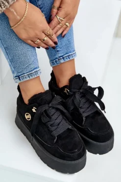 Outlet Boto Ocieplane Futerkiem Sneakersy Damskie Na Platformie Czarne Velarisea
