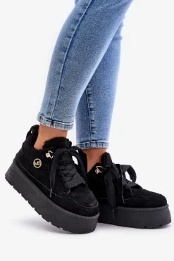 Outlet Boto Ocieplane Futerkiem Sneakersy Damskie Na Platformie Czarne Velarisea