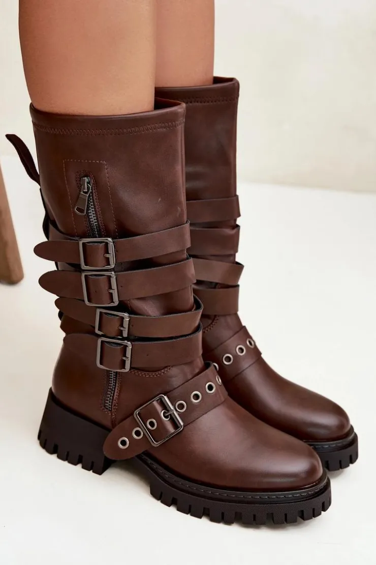 Damskie Boto Ocieplane Kozaki Damskie Z Paskami I Klamrami Brązowe Ivaline