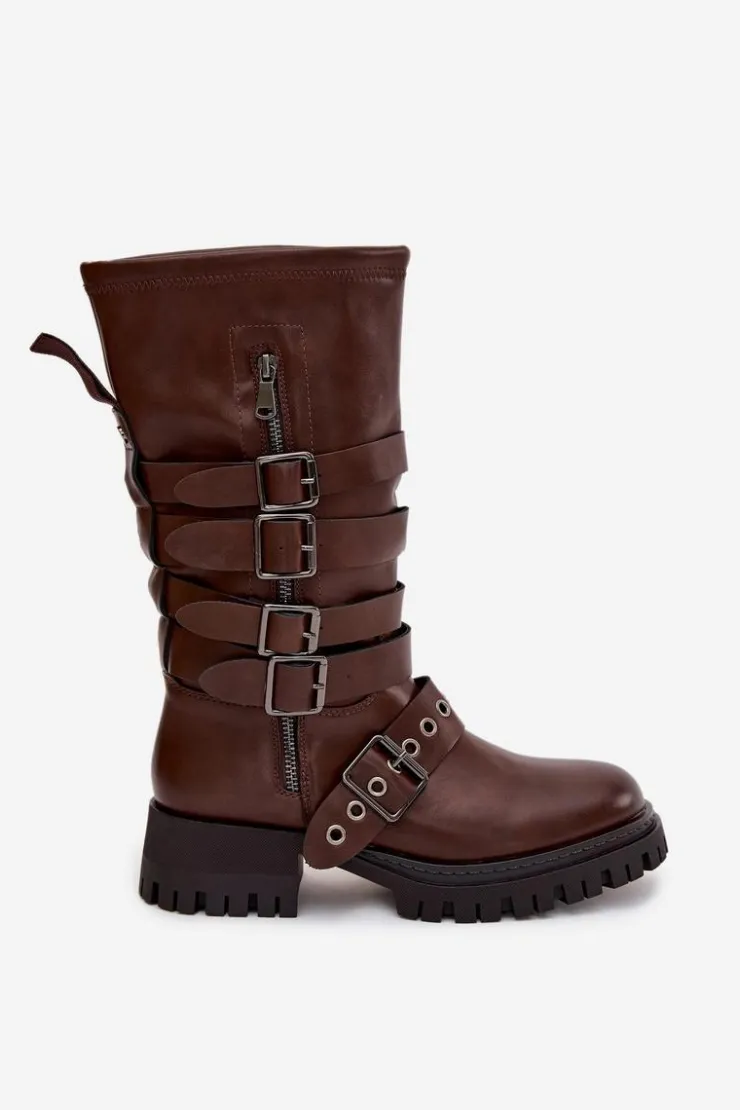 Damskie Boto Ocieplane Kozaki Damskie Z Paskami I Klamrami Brązowe Ivaline