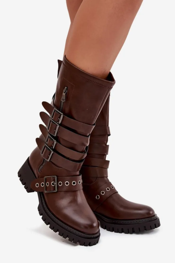 Damskie Boto Ocieplane Kozaki Damskie Z Paskami I Klamrami Brązowe Ivaline