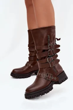 Damskie Boto Ocieplane Kozaki Damskie Z Paskami I Klamrami Brązowe Ivaline
