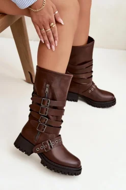Damskie Boto Ocieplane Kozaki Damskie Z Paskami I Klamrami Brązowe Ivaline