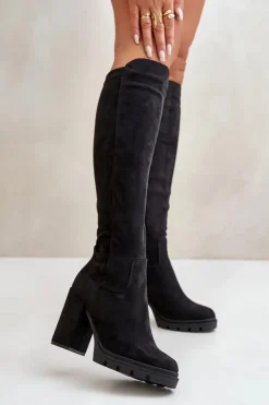 Damskie Boto Ocieplane Kozaki Damskie Na Słupku Eko Zamszowe Czarne Tirisha