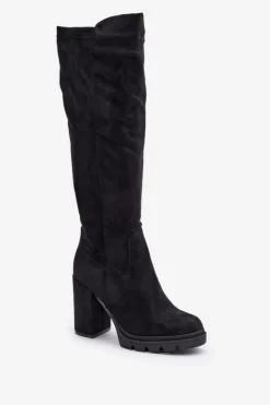 Damskie Boto Ocieplane Kozaki Damskie Na Słupku Eko Zamszowe Czarne Tirisha