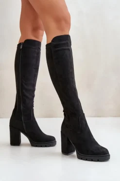 Damskie Boto Ocieplane Kozaki Damskie Na Słupku Eko Zamszowe Czarne Tirisha