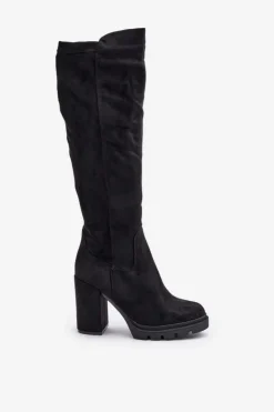 Damskie Boto Ocieplane Kozaki Damskie Na Słupku Eko Zamszowe Czarne Tirisha