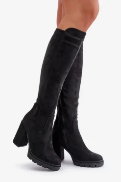 Damskie Boto Ocieplane Kozaki Damskie Na Słupku Eko Zamszowe Czarne Tirisha