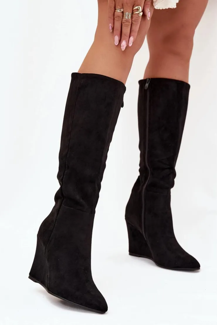 Outlet Boto Ocieplane Kozaki Damskie Na Koturnie Czarne Rosina Czarny