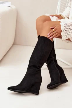 Outlet Boto Ocieplane Kozaki Damskie Na Koturnie Czarne Rosina Czarny