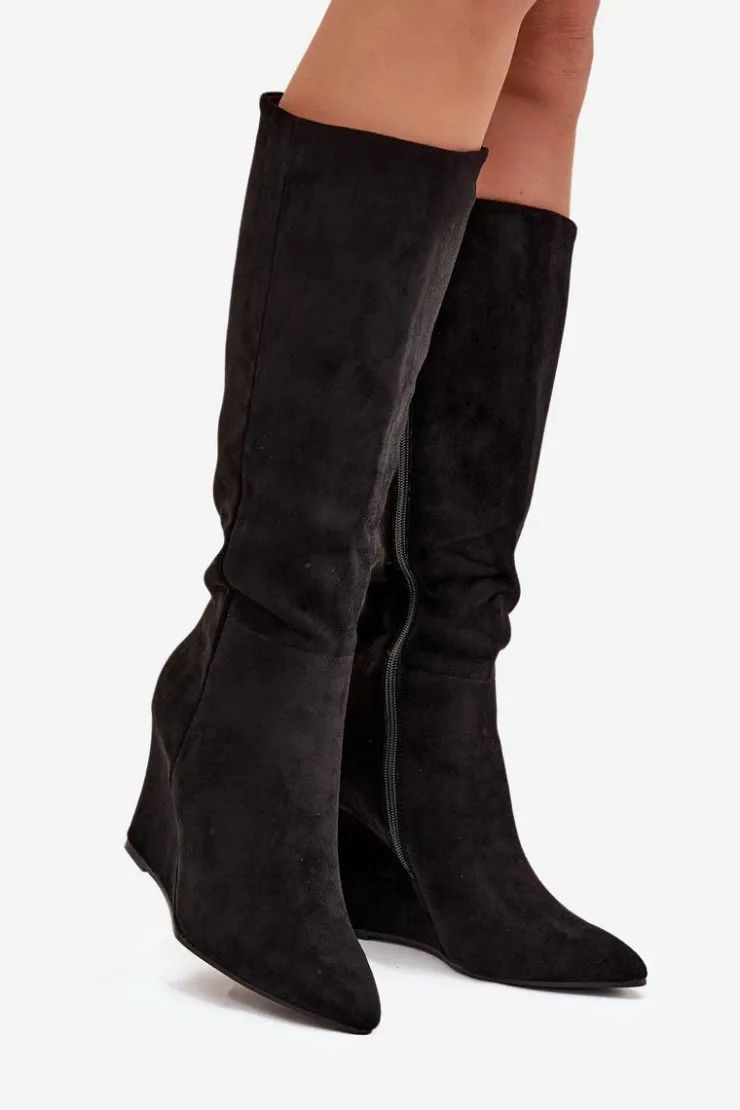 Outlet Boto Ocieplane Kozaki Damskie Na Koturnie Czarne Rosina Czarny