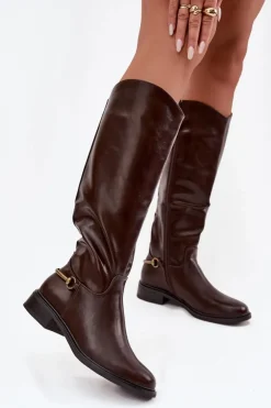 Damskie Boto Ocieplane Kozaki Damskie Na Płaskim Obcasie Z Ozdobnym Detalem Czekoladowe Renaya