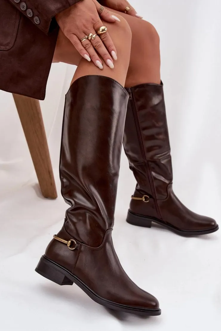 Damskie Boto Ocieplane Kozaki Damskie Na Płaskim Obcasie Z Ozdobnym Detalem Czekoladowe Renaya