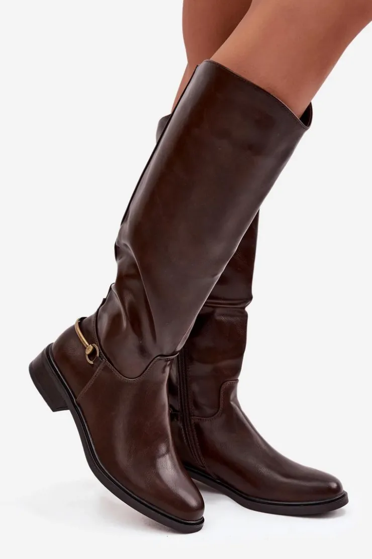 Damskie Boto Ocieplane Kozaki Damskie Na Płaskim Obcasie Z Ozdobnym Detalem Czekoladowe Renaya