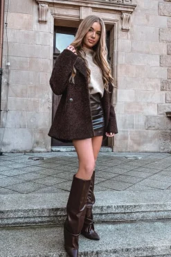 Damskie Boto Ocieplane Kozaki Damskie Z Wywiniętą Cholewką Na Słupku Czekoladowe Elivira